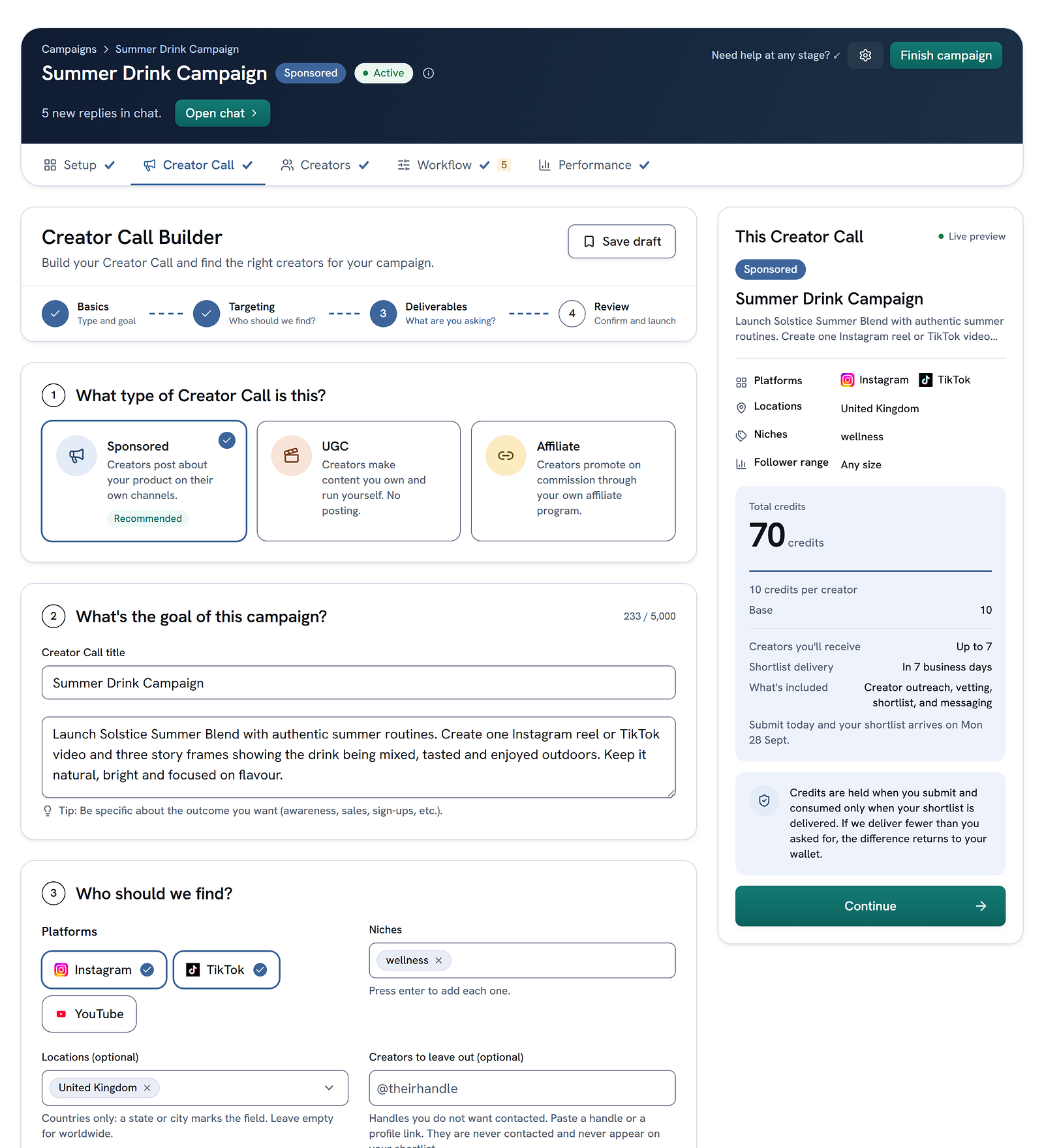 The filled Creator Call form for a fictional Summer Drink Campaign, including platforms, targeting, deliverables, usage rights, budget, dates and the live credit summary.