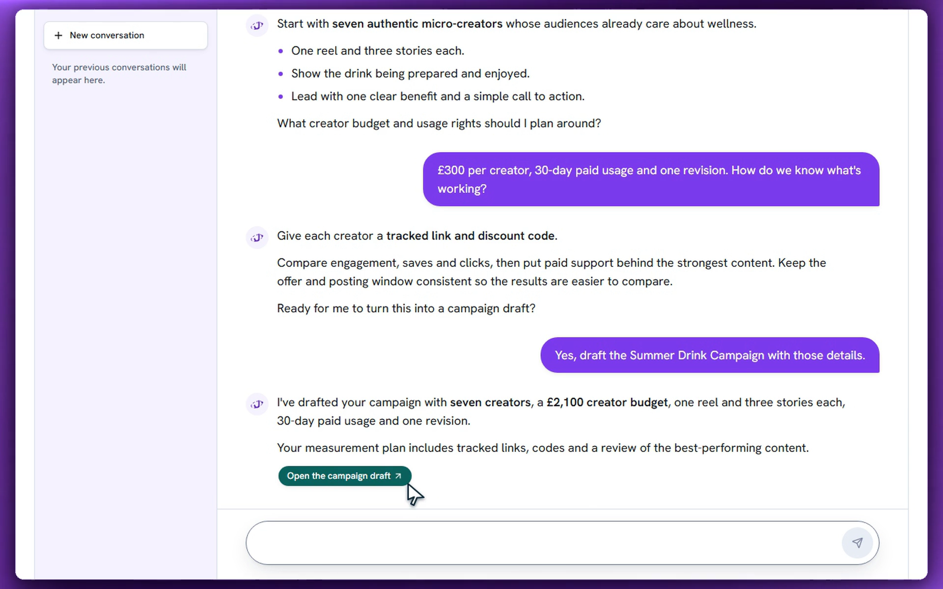 A conversation with Juno in the CreatorCall app.